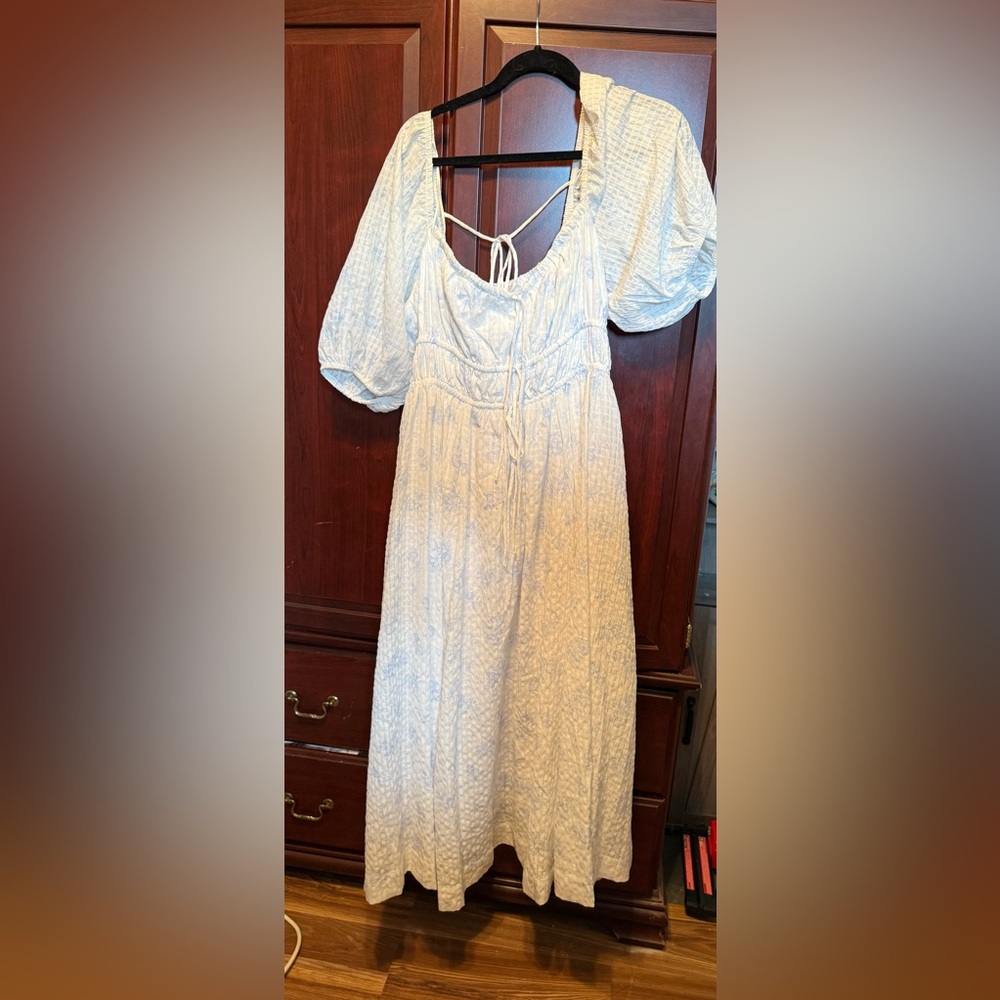 MARBLE Blue and White Puff Sleeve Sundress
